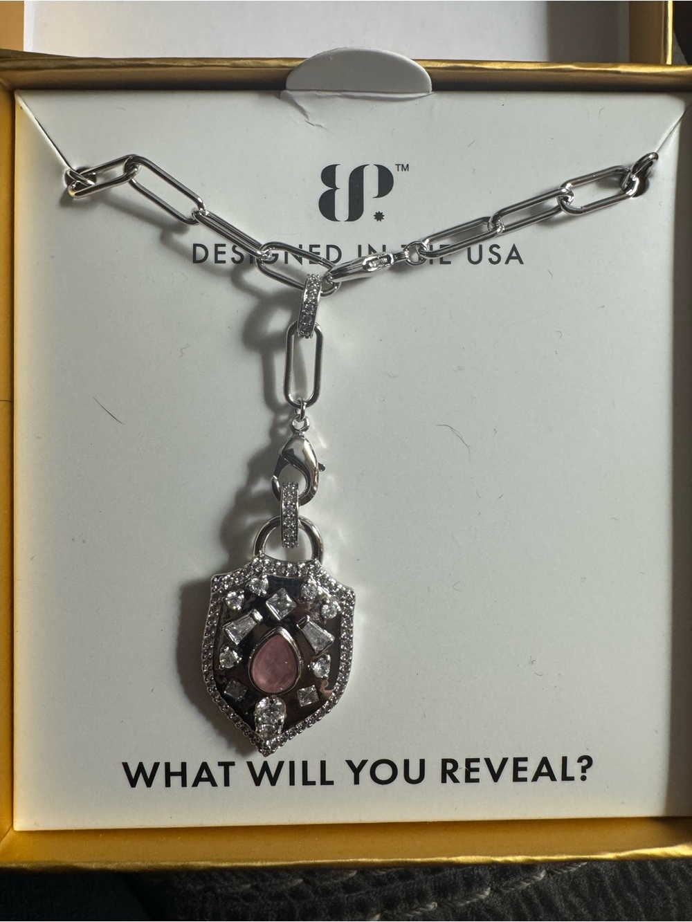 Sterling Shield Pendant Necklace with Pink Teardrop Stone gem society